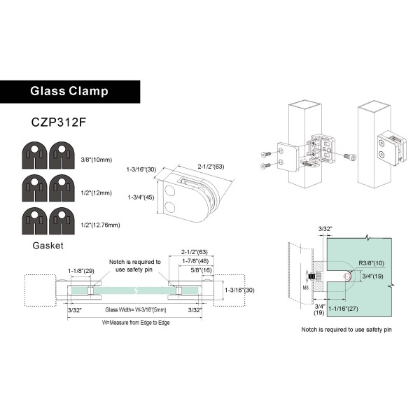CZP312F, Heavy Duty 2″ Flat Back Glass Clamp for 3/8″ or 1/2″ Tempered Glass or Laminated Glass